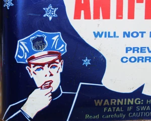 POLICEMAN GRAPHIC ~1950s era STOP FREEZE ANTI FREEZE Old 1 gal. Tin Oil Can - Picture 1 of 10