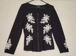 International Concepts Black Peplum Jacket Large Floral Zip Up INC Ribbed 0219 - Picture 1 of 11