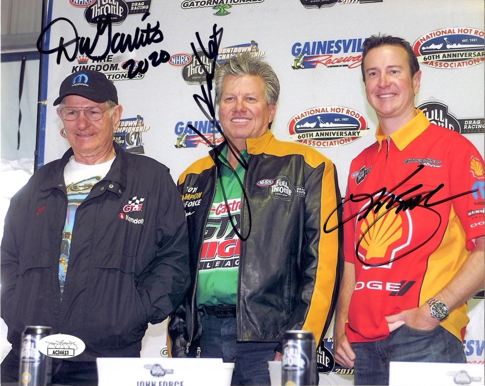 FOTO 8x10 firmada a mano por Don Garlits+Kurt Busch+John Force los 3 firmados JSA Foto 1 de 1