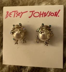 Betsey Johnson Earrings Pearl Belly Frogs Critters Gold Crystal Frog New - Picture 1 of 1