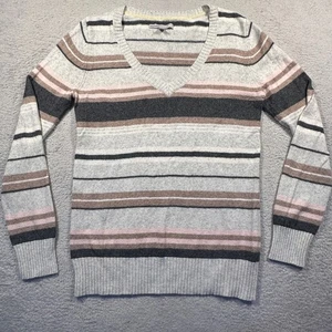 Y2K Old Navy Women's V-Neck Striped Sweater L Gray Brown Pink Wool Blend - Picture 1 of 8