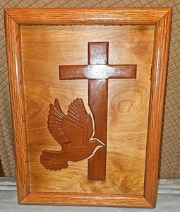 Vintage 3D Raised Marquetry Wood Picture Cross Dove Religious MINT 10×13 - Picture 1 of 10