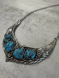 Les Baker Navajo Sterling Silber Türkis Latz Halskette signiert LB Vintage - Bild 1 von 11