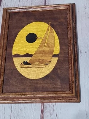 MCM РЕДКАЯ винтажный деревянный маркетри инкрустация картина парусник и луна чайка пара США  - Изображение 1 из 4