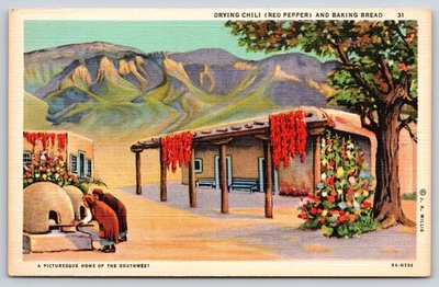 New Mexico~Native Dwelling~Drying Chili Red Pepper~Outdoor Oven~Linen Postcard - Image 1 of 2