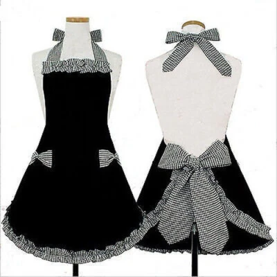 Mujeres Retro Princesa Babero Delantal Cuadros Volantes Lazo Bolsillos Delantal Trabajo Criada Camarera Foto 1 de 4