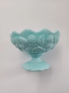 VTG Fostoria Aqua Blue Milk Glass Scalloped Edge Compote Pedestal Dish 3.25" H - Picture 1 of 8