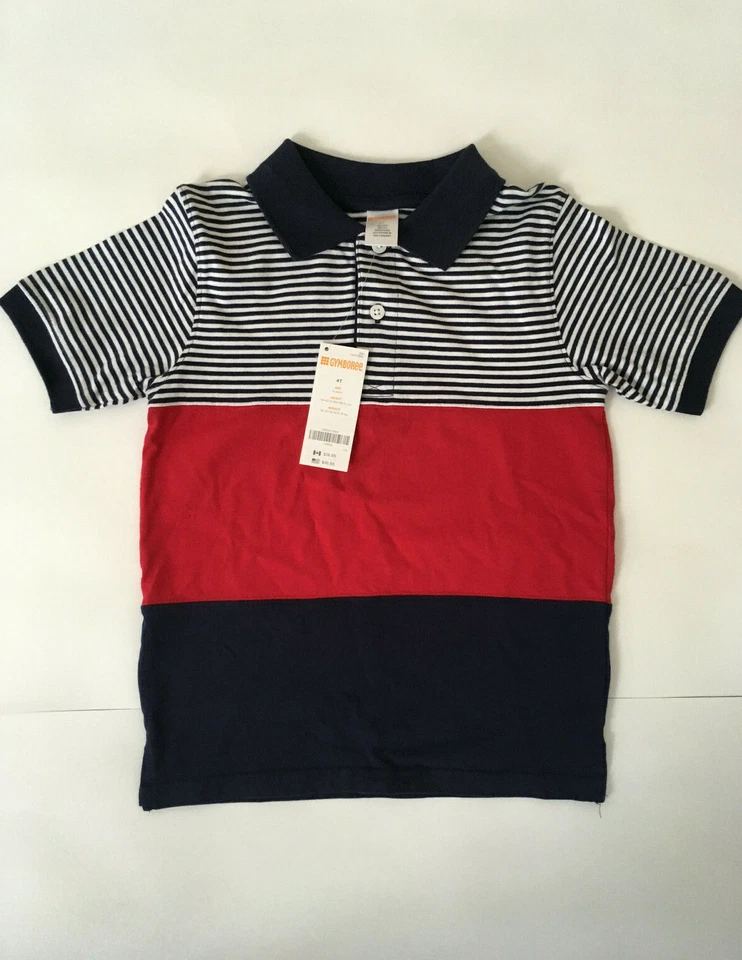 NOVA CAMISA DE ALGODÃO GYMBOREE masculina tamanho 4 manga curta vermelha, azul marinho, listras brancas - Imagem 1 de 4