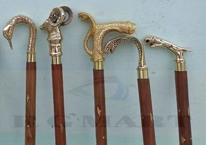 Lot of 5 Pcs Stylish Walking Stick Wooden Cane Brass Antique Design Handle Cane - Picture 1 of 5