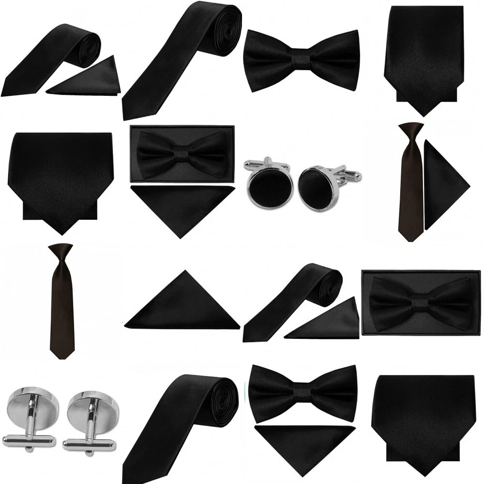 TIESRUS Black Satin Wedding Tie Mens Kids Bow Ties Formal Prom Grooms Sets Page Boys