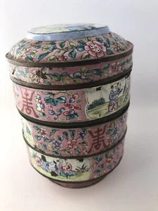 Antike chinesische Kanton Emaille Jabako Bento Box, gestapelte Lebensmittelbehälter - Bild 1 von 7