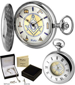Woodford Masonic Half Hunter Pocket Watch 17 Jewel Polished Chrome Free Eng 1111