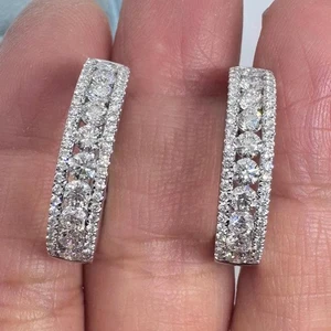 Cluster Hoop Earrings 2Ct Round Cut Real Moissanite Womens 14K White Gold Plated - Picture 1 of 8