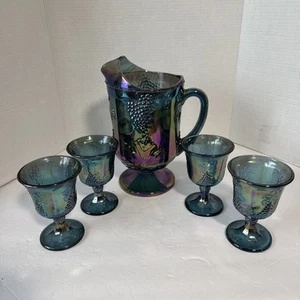 Set brocca 4 piedi calici vintage Indiana blu carnevale vetro raccolta uva - Foto 1 di 8