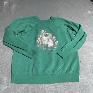 Vintage Hanes Cat Sweatshirt Womens Large Green Crewneck Siamese Tulips - Picture 1 of 6