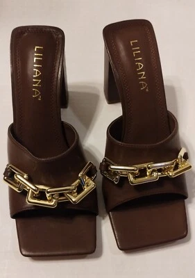 Sandalias de tacón Liliana marrón con acento de eslabones dorados talla 8 - nuevas sin etiquetas Foto 1 de 3