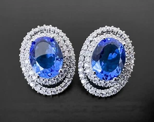 Elegant Big Violet Lab-Created Tanzanite White CZ Halo 925 Silver Plate Earrings - Picture 1 of 4