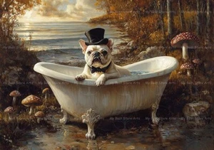 FRENCH BULLDOG BATHTUB ART PRINT, Dog Poster, Victorian Decor, Cottagecore F600 - Picture 1 of 3