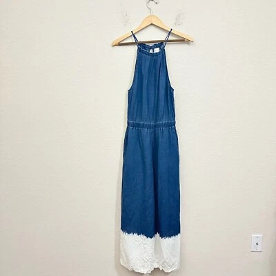 BELLA DAHL Wide Leg Jumpsuit Womens Sz S Blue Sleeveless Fray Neck Linen Hippie - Image 1 of 4