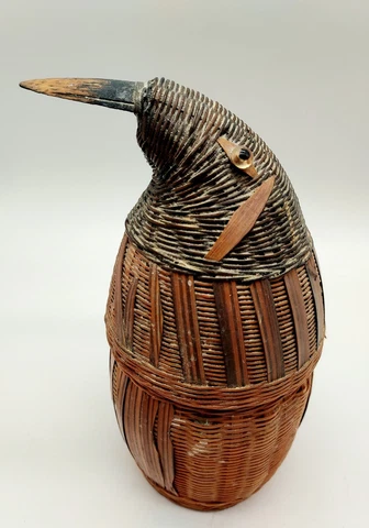 Vintage Woven Bamboo Wicker Bird Storage Basket Enamel Lined Retro Farmhouse Cover