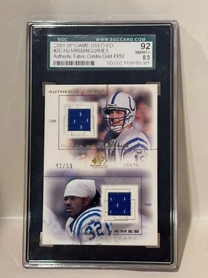 2001 UD SP Game Used Ed Authentic Fabric Gold #2C-MJ Manning/James 43/50 SGC 92 - Image 1 of 2