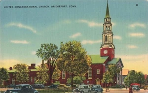 United Congregational Church ~ Bridgeport, Connecticut ~ 1940 vintage cartolina in lino - Foto 1 di 2