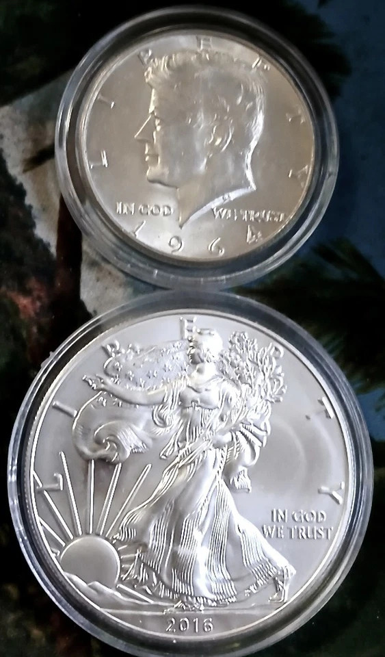 American Eagle 999 2016 dólar de plata de 1 oz y medio dólar Kennedy 1964 90 % de plata Foto 1 de 2
