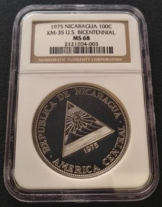 NICARAGUA 100 Cordobas 1975 Silver NGC MS68 TOP POP USA Bicentennial - Picture 1 of 4