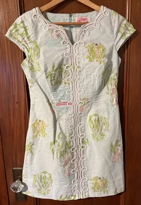 Vintage Lilly Pulitzer Originals Aqua Blue Palm Trees Shift Dress Cap Sleeves 6 - Image 1 of 4