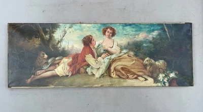 Scène galante, Huile sur toile à restaurer, Tableau ancien signé, Peinture, XIXe - Photo 1/4