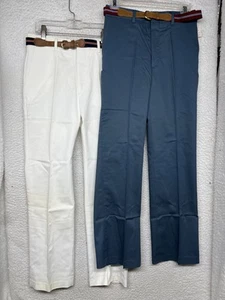 Vintage Lord & Taylor Pants Mens 27x28 White Blue Ban-Rol Belted Dress USA 70s - Picture 1 of 24