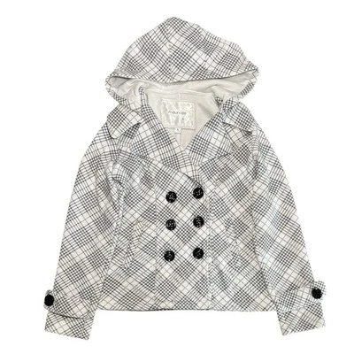 MAURICES Lightweight Jacket Size S Gray & White Plaid Hooded Button Peacoat - Image 1 of 4