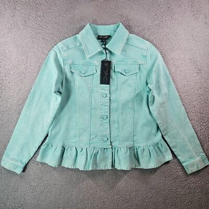 NWT - DG2 Denim Bomber Jacket Women Small Ruffle Hem Long Sleeve Mint Green - Picture 1 of 16