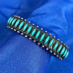 Vintage Handmade Zuni Needlepoint Turquoise Sterling Silver Cuff Bracelet - Picture 1 of 8