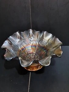 Vintage Carnival Glass Bowl Iridescent Footed Ruffled Rim Rose / Floral Pattern - Picture 1 of 7