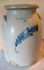 TWO GALLON HANDLED STONEWARE CROCK WITH COBALT FEATHER - HARTFORD, CONN