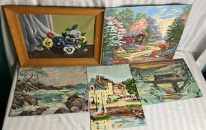 LOT OF 5 Vintage Paint by Numbers assorted landscape paintings Sea Train Flowers - Picture 1 of 10