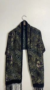 Scarf Shawl Velvet Burned Out 19”x84” Olive Green Purple Butterfly Black Fringe - Picture 1 of 19
