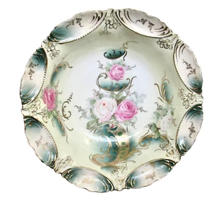 VTG RS PRUSSIA Large Serving Bowl Porcelain Gold Scalloped Roses Hand Painted - Picture 1 of 9