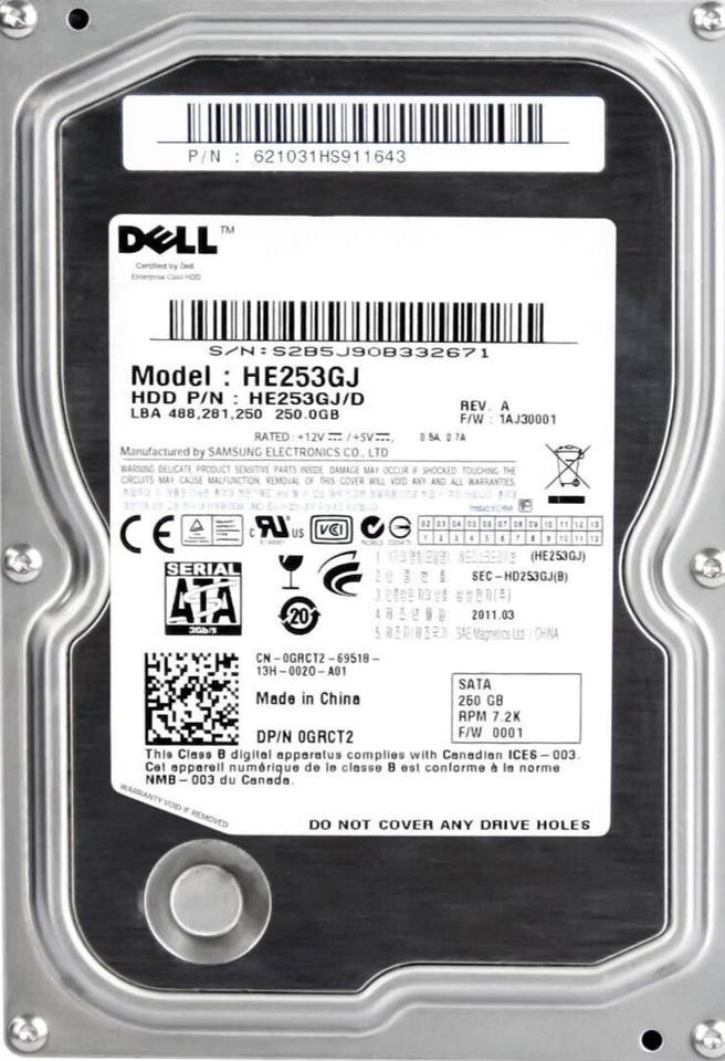 Hard Drive Dell 0GRCT2 HE253GJ 250GB 16MB 7200RPM SATA II 3.5'' Inch - Image 1 of 3