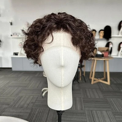 #2 Dark Brown Male Curly Short Cut Full Lace Wigs For Men Human Hair Hairpiece - Image 1 of 4