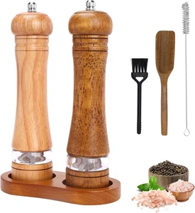 2PCS Wooden Salt and Pepper Grinder Set with Wood Tray and Spoon, 8 Inch Manual  - Picture 1 of 12