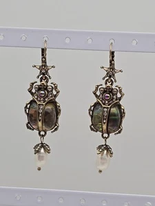 Abalone and Gold Tone Scarab Beetle Dangle Earrings Egyptian Revival Gothic Boho - Picture 1 of 14