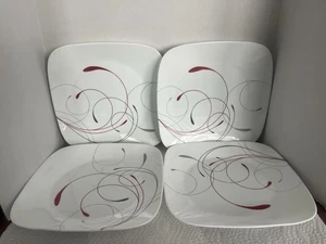 4–Corelle Splendor Square Dinner Plates 10 1/2" Red Gray Swirls 2887 - Picture 1 of 7
