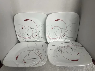 4–Corelle Splendor Square Dinner Plates 10 1/2" Red Gray Swirls 2887 - Image 1 of 4