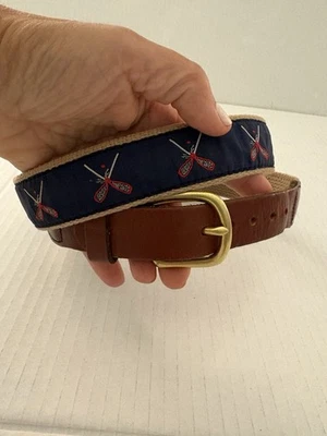 Leather Man Ltd Belt brown leather navy/red canvas lacrosse made in USA Brass 36 - Image 1 of 4