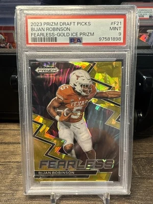 2023 Prizm Draft Picks Fearless Bijan Robinson #F-21 Gold Ice Prizm (RC) PSA 9  - Image 1 of 2
