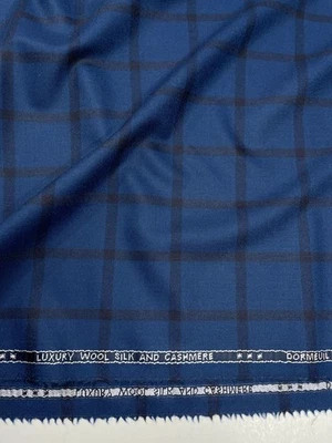 Navy Blue Cashmere Wool Silk Jacket Fabric WIndowpane Check DORMEUIL 2.6m - Image 1 of 4