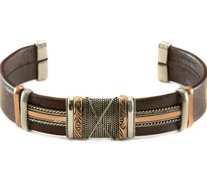 Brazalete de cuero marrón Spyglass Designs para hombre alambre trenzado tono dorado cobre - Imagen 1 de 1