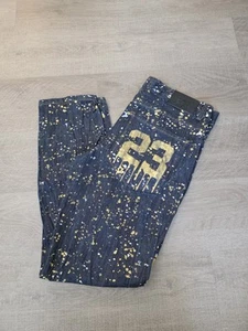 King Maker Chicago Bulls Jordan #23 Gold Paint Splatter Y2K Hip-Hop Jeans 36x31 - Picture 1 of 10